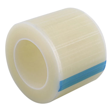 Roll of clear tattoo barrier film with a blue strip on a white background