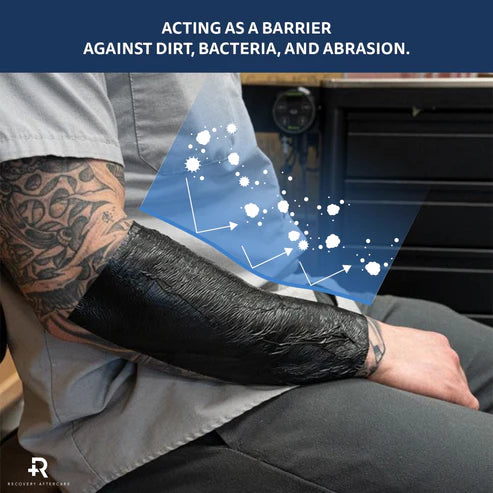 Protective tattoo wrap by Recovery with text about barrier against dirt, bacteria, and abrasion.