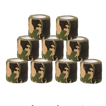 Camouflage-patterned bandages arranged in a pyramid formation on a white background