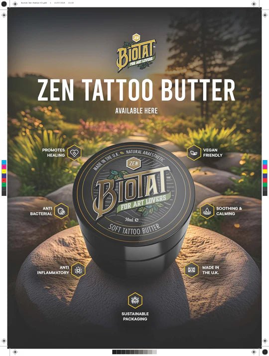 Biotat Zen Tattoo Butter advertisement with natural background