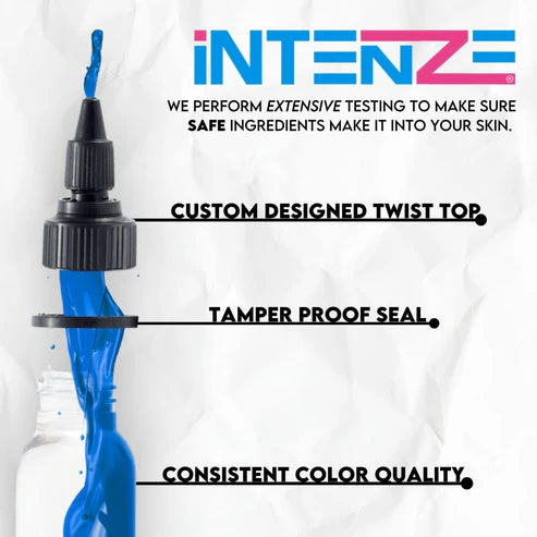 Intenze Marios Light Blue tattoo ink being dispensed from a bottle with Intenze branding and text about product safety and quality.