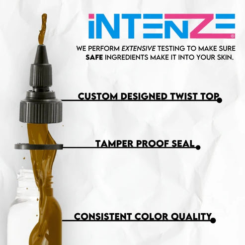 Intenze Light Brown tattoo ink bottle with a custom designed twist top and tamper proof seal, featuring the Intenze brand.