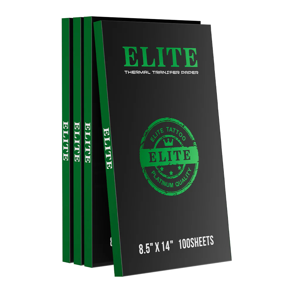 Black and green packaging of Elite thermal transfer paper with branding.