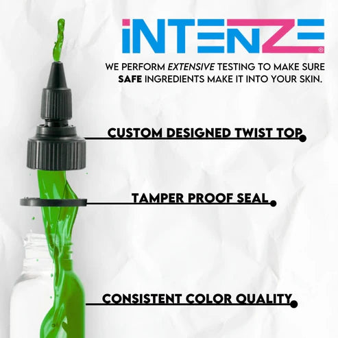 Intenze Dark Green tattoo ink bottle and text about product features and Intenze brand.