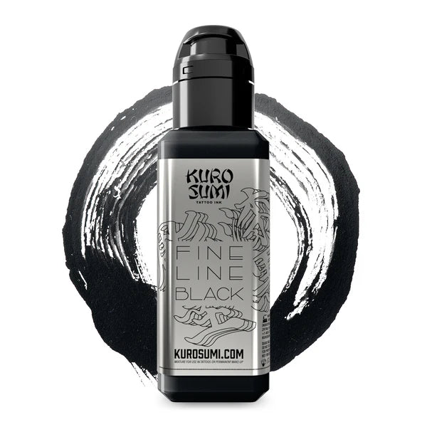 Kuro Sumi Fine Line Black tattoo ink bottle with black cap on a white background