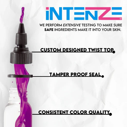Intenze Light magenta tattoo ink bottle with pink color and text about Intenze's quality control and product features.