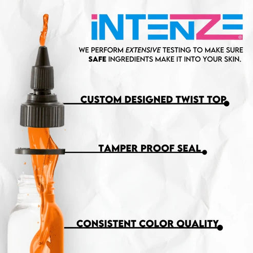 Intenze Soft Orange tattoo ink bottle with 'iNtENZe' branding and product features listed.