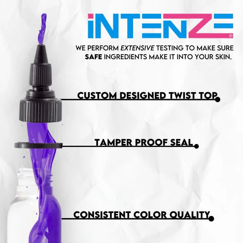 Intenze Dark Purple tattoo ink bottle with text about Intenze's quality control and features on a white background