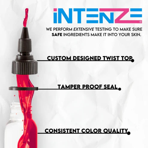 Intenze Bright Red tattoo ink bottle with red ink and 'iNTEENZE' branding on a white background