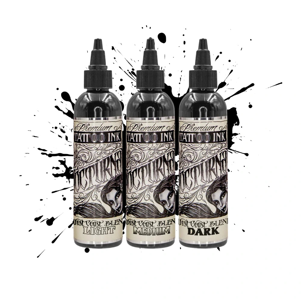 Three bottles of noctrurnal tattoo ink with labels on a white background