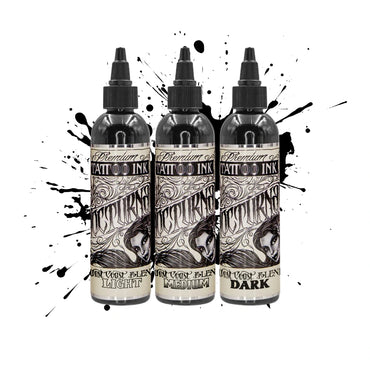 Three bottles of noctrurnal tattoo ink with labels on a white background