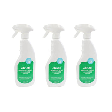 Three clinell universal spray bottles on a white background