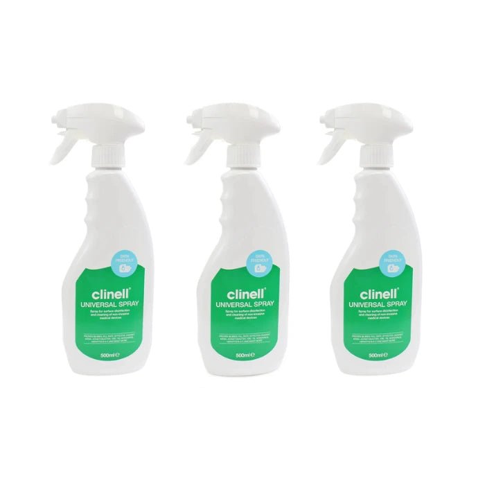 Three clinell universal spray bottles on a white background