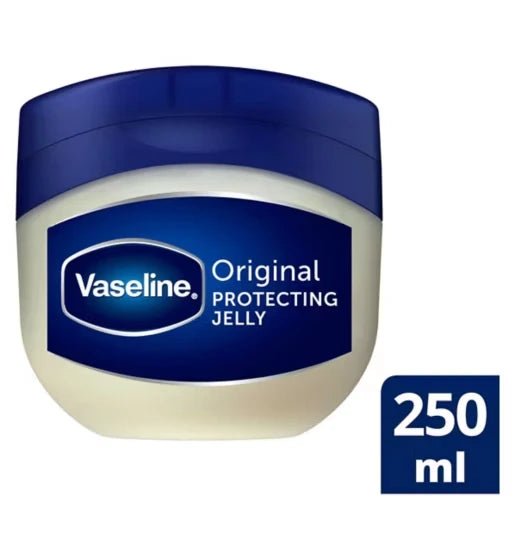Vaseline Original Protecting Jelly container with blue lid and label on a white background