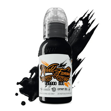 Bottle of World Famous Tattoo Ink, Legendary outlining black with black ink splashes on a white background
