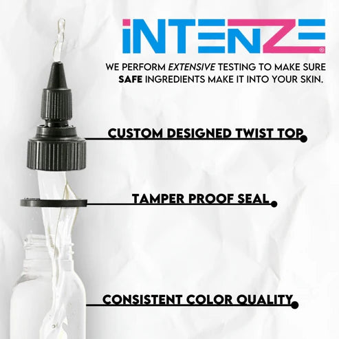 Bottle of Intenze Snow white Opaque tattoo ink with a white background with a twist top and tamper proof seal, featuring the Intenze brand on a white background.