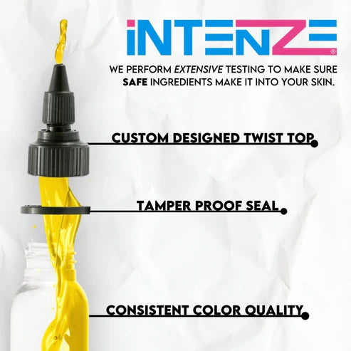 Intenze Golden Yellow tattoo ink bottle with a twist top and tamper proof seal, featuring Intenze branding and text about ink safety.