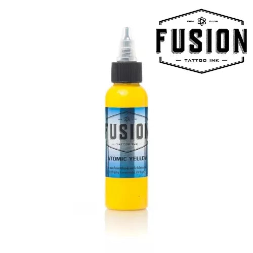 Bottle of Fusion Atomic Yellow tattoo ink on a white background