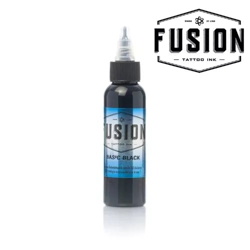 Bottle of Fusion Basic Black tattoo ink with a blue label on a white background