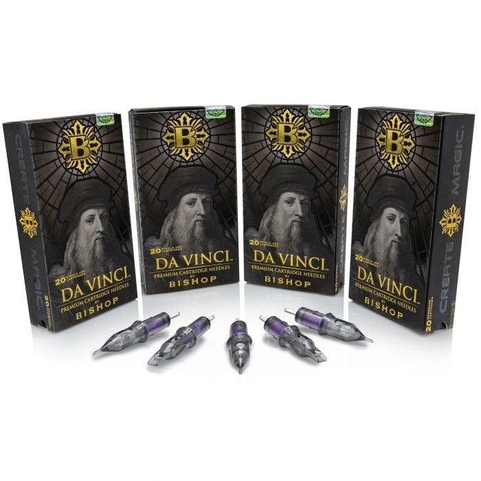 Four boxes of Da Vinci Bishop cartridges with cartridges displayed in front on a white background