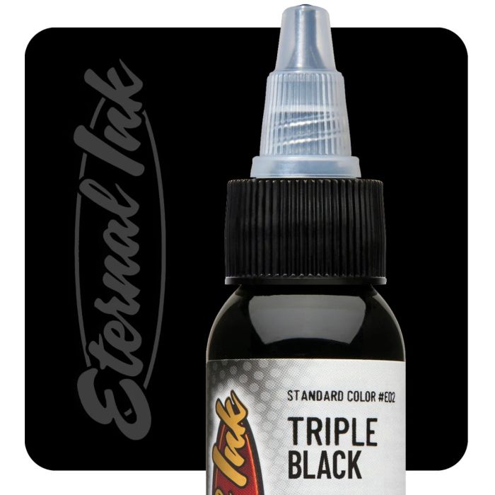 Bottle of Eternal Ink Triple Black tattoo ink with a black background