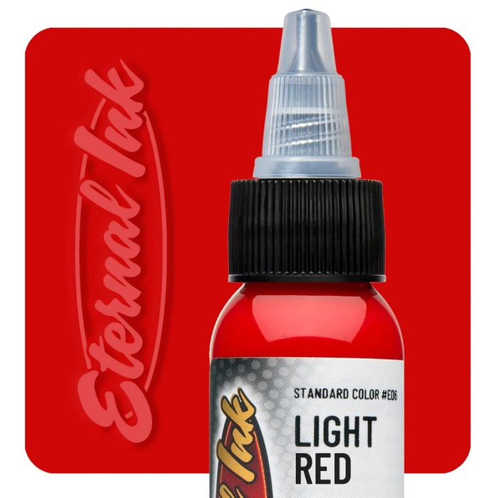 Bottle of Eternal Ink light red tattoo ink on a red background with the brand logo.