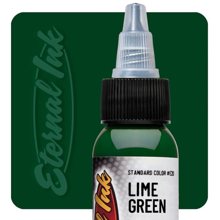 Bottle of lime green tattoo ink with 'Eternal Ink' branding on a green background