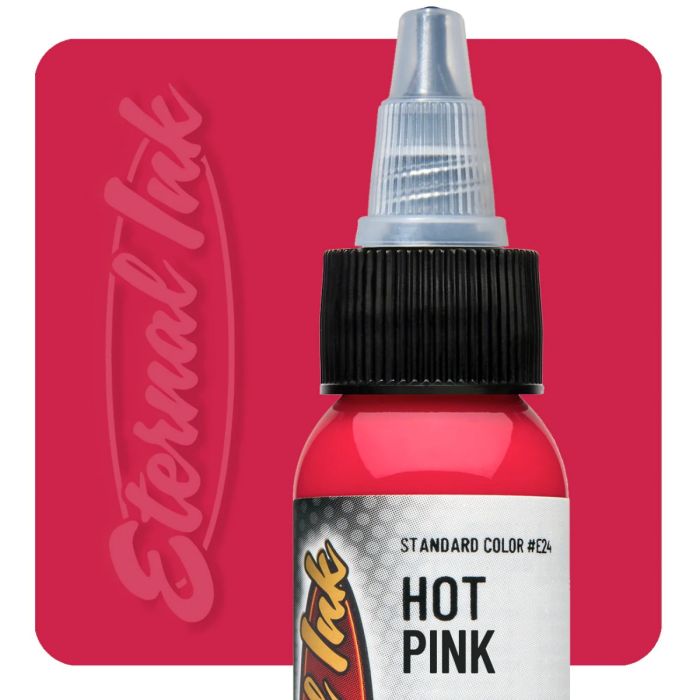 Bottle of hot pink tattoo ink with 'Eternal Ink' branding on a red background