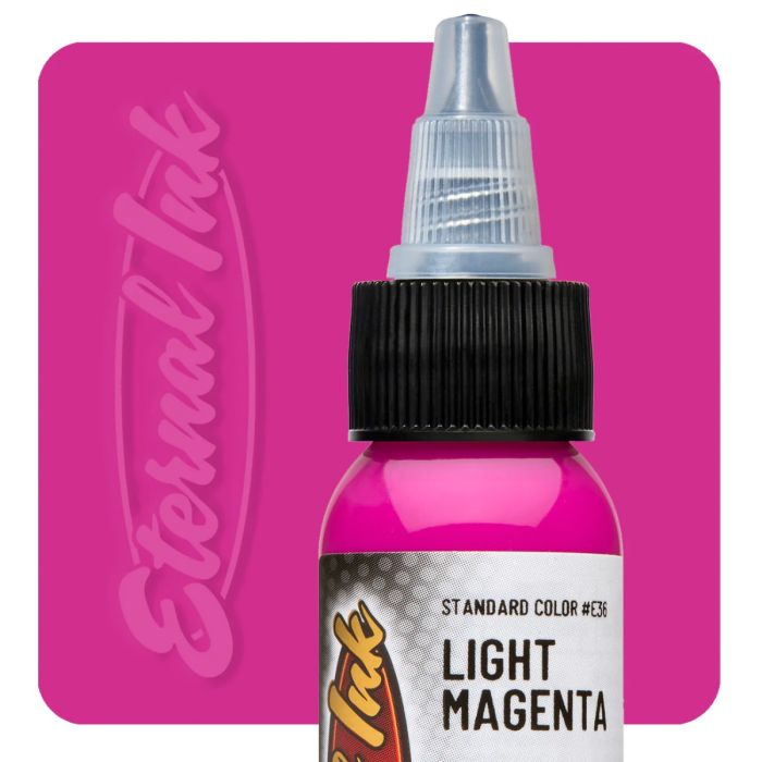 Bottle of light magenta tattoo ink with 'Eternal Ink' branding on a pink background