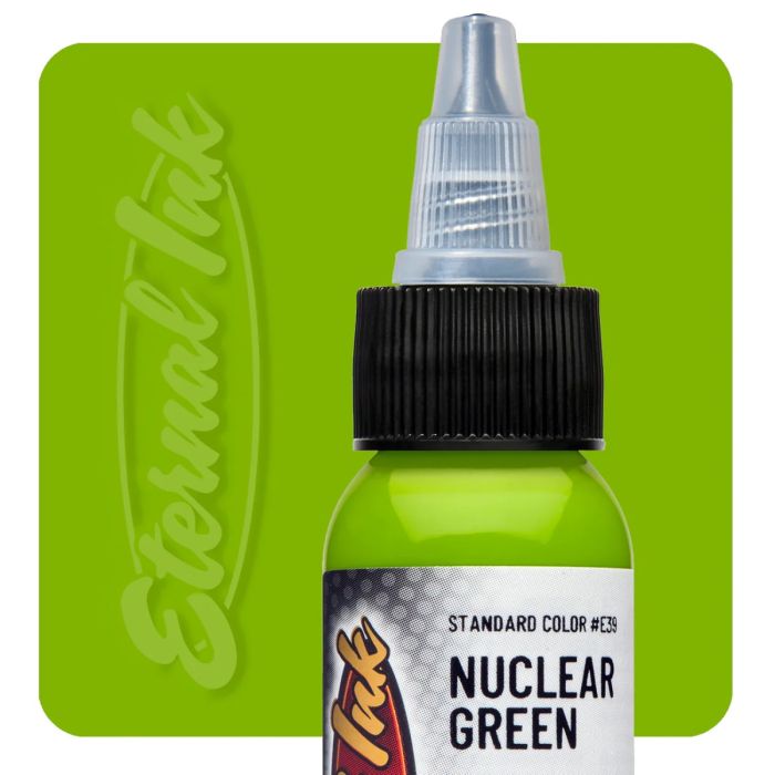Bottle of Eternal Ink 'Nuclear Green' tattoo ink with a green background