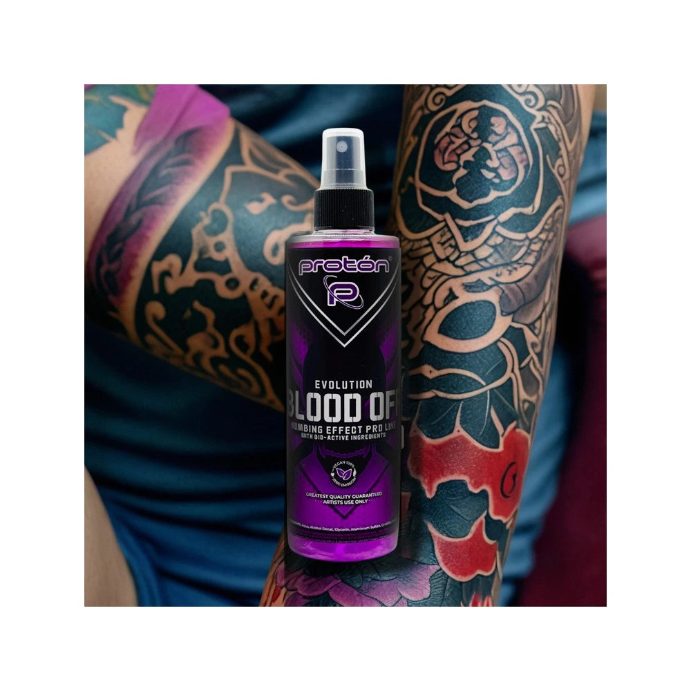 Tattoo aftercare setup with Blood Off spray bottle