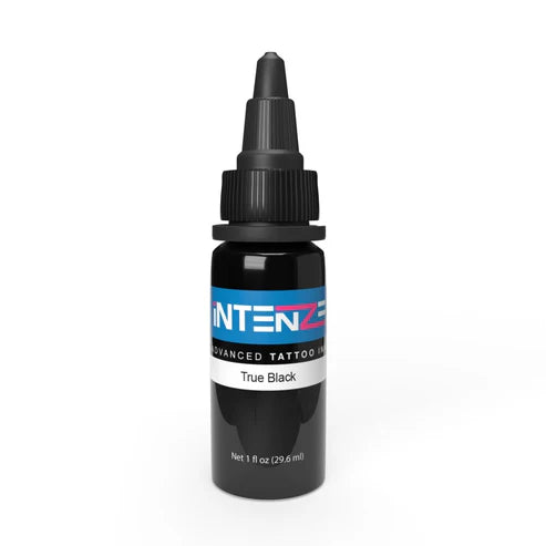 Bottle of Intenze True Black tattoo ink on a white background