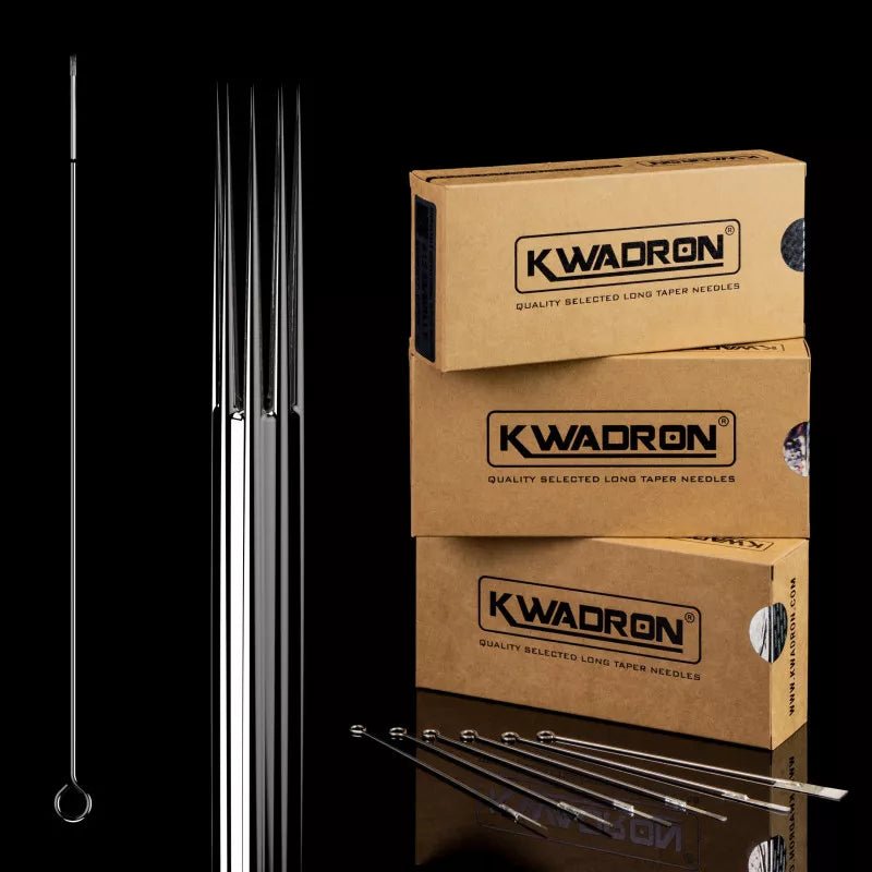 Kwadron Round Shader Tattoo Needles and box on black background