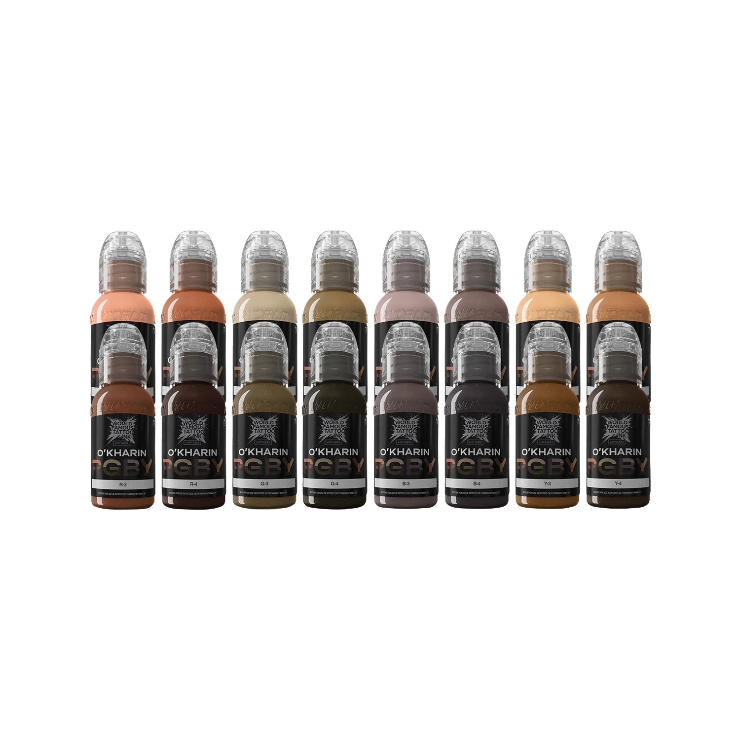 Tattoo ink set World famous ink - O'Kharin bottles with different colored liquids on a white background