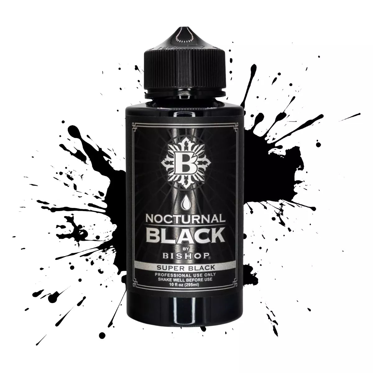 Bottle of Bishop Nocturnal Black tattoo ink on a white background with a black splash behind it