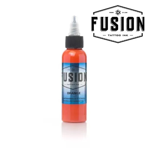Bottle of Fusion tattoo ink with orange color on a white background