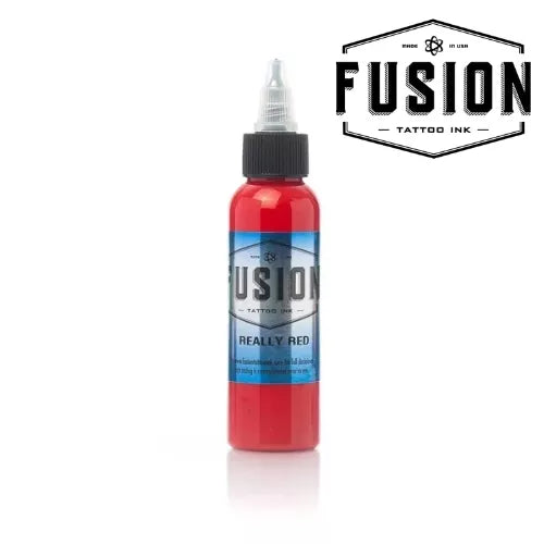 Bottle of 30ml Fusion Tattoo Ink Really Red color on a white background