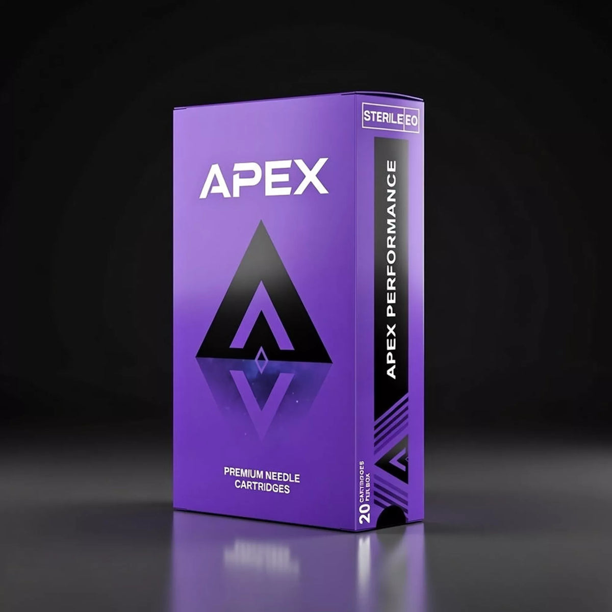 Purple box of Apex premium tattoo needle cartridges on a black background
