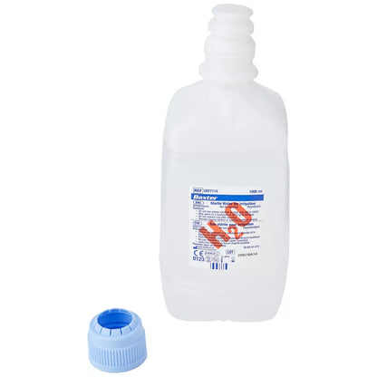 A Baxter sterile water in a plastic bottle with a screw-top neck and a separate light blue ribbed cap placed beside it on a plain white background. 