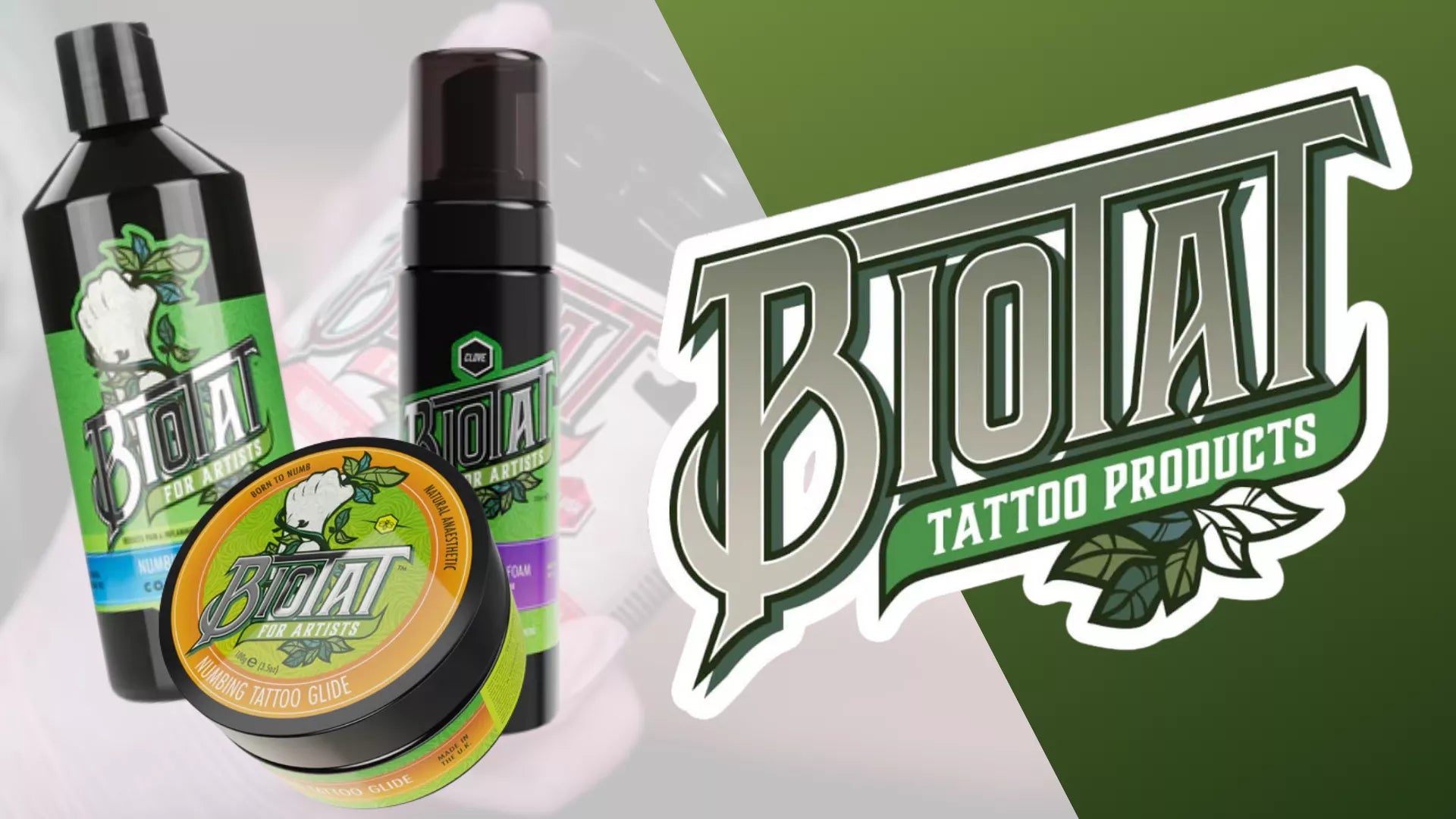 Biotat tattoo products with the brand logo on a green background.