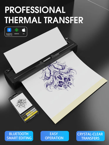 Professional tattoo thermal transfer printer with a design on paper and smartphone, featuring Bluetooth, smart editing, easy operation, and crystal-clear transfers.