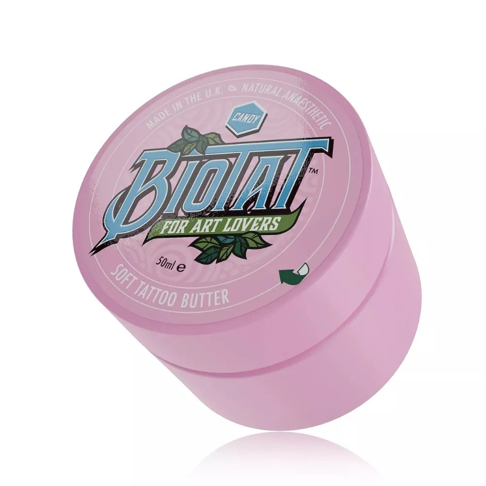 Open Biotat Candy studio display showing tattoo aftercare jars