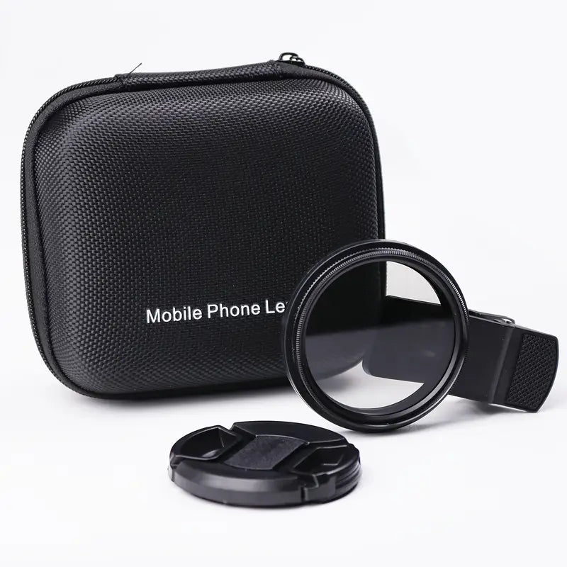 Black phone lens for tattoo photography with carrying case on a white background