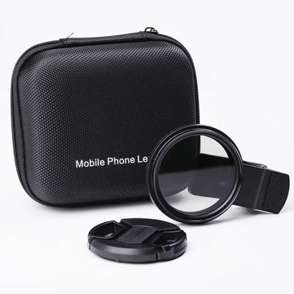 Black phone lens for tattoo photography with carrying case on a white background