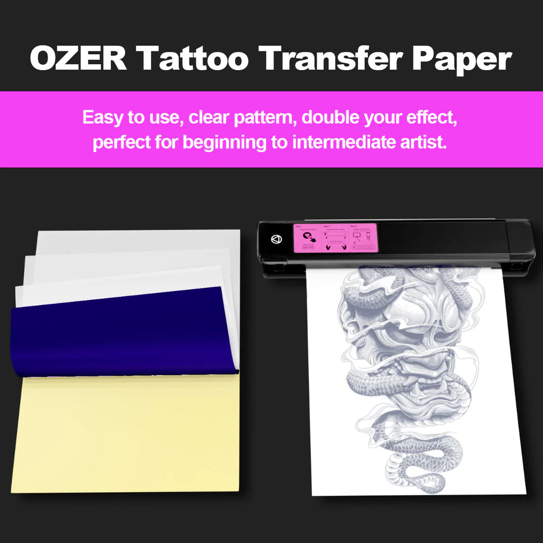 OZER Tattoo Stencil Paper with a thermal printer and tattoo design coming out of the printer on a black background