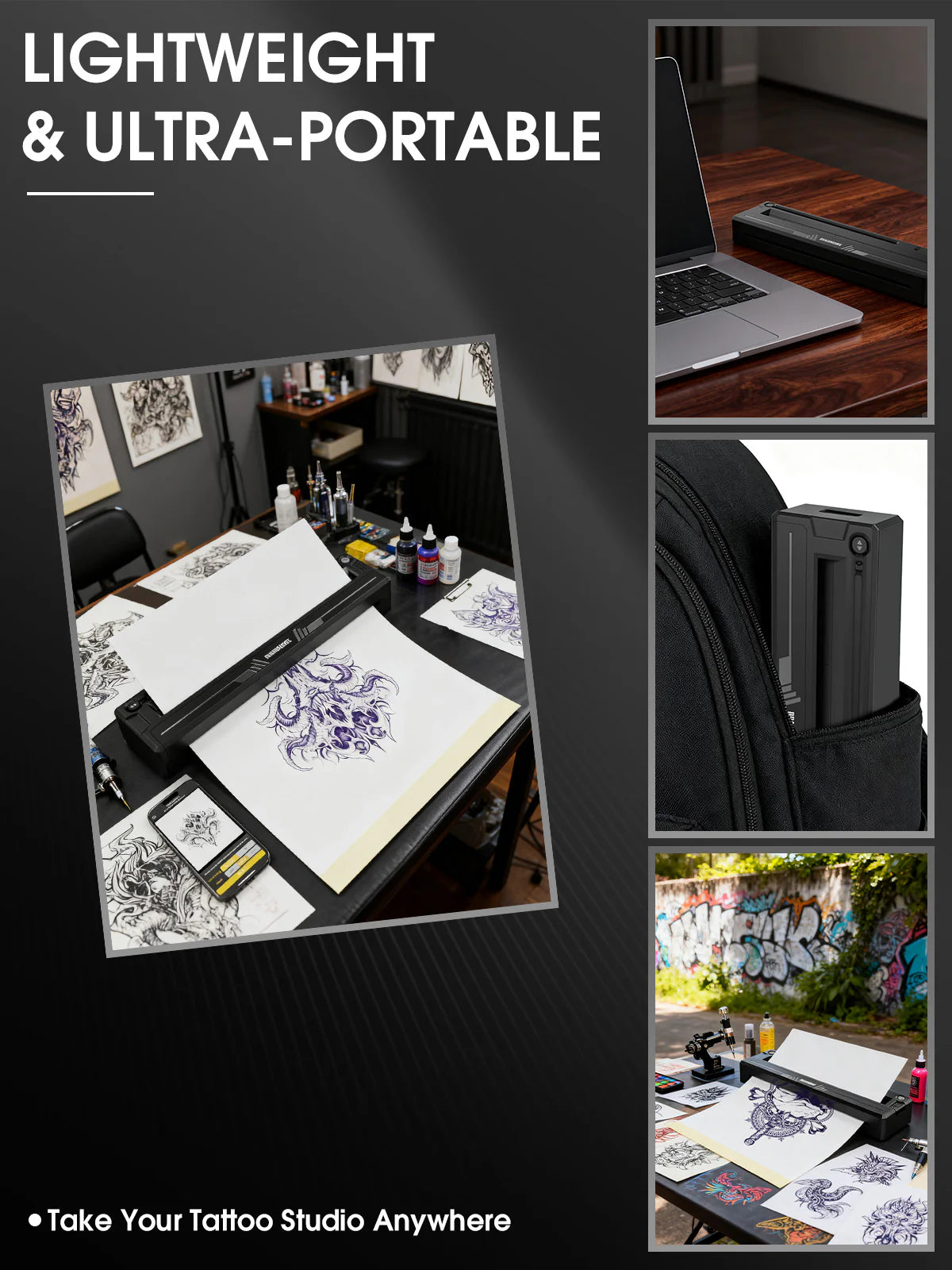 Collage of tattoo studio setup with equipment, laptop, and portable tattoo printer