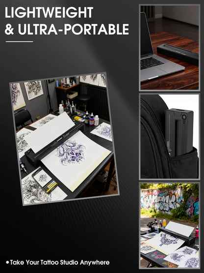 Collage of tattoo studio setup with equipment, laptop, and portable tattoo printer