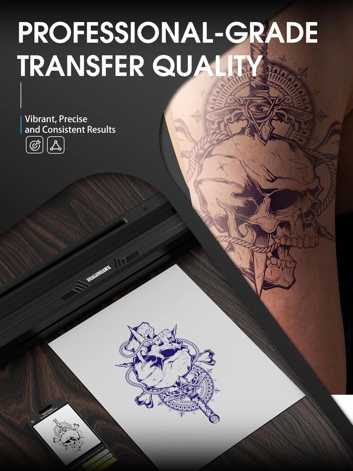 Professional-grade tattoo stencil transfer printer with a completed tattoo on skin