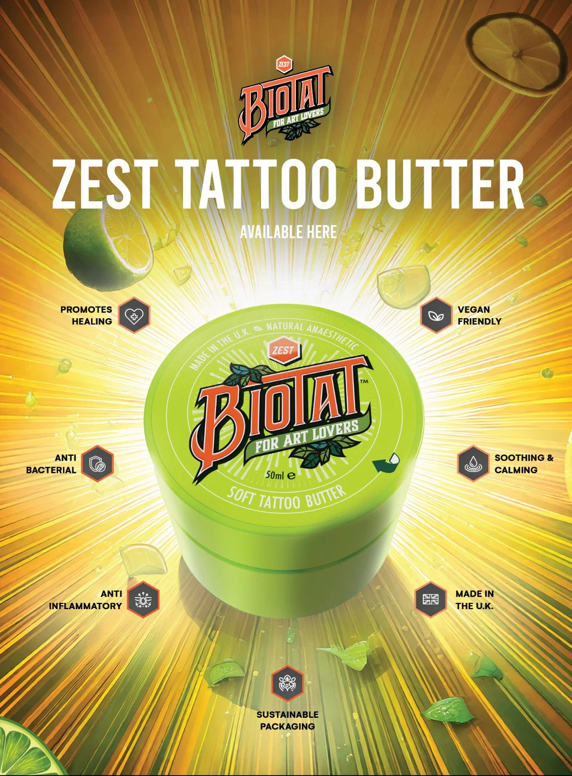 Biotat Zest Tattoo Butter in a lime green tin, set against a vibrant yellow and green sunburst background with lime graphics and product feature badges.