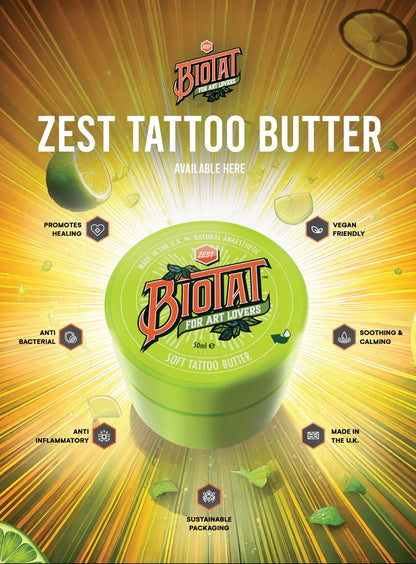 Biotat Zest Tattoo Butter in a lime green tin, set against a vibrant yellow and green sunburst background with lime graphics and product feature badges.